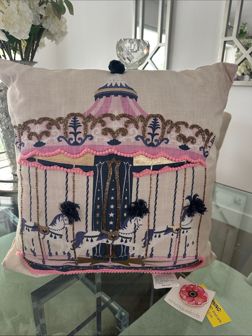 Carousel Horse Decorative Pillow with Pink & Navy Embroidery and gold bits
